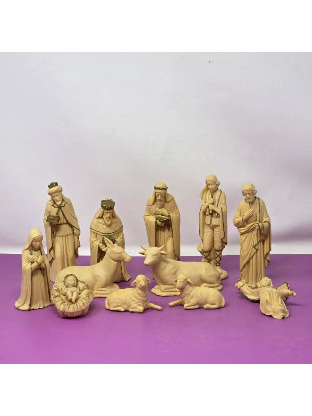 Vintage Cream-Colored Nativity Figurines Gold Accents Religious Christmas Decor